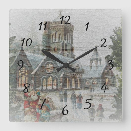Horloge Carrée Père Noël ancienne avec enfants devant une église (Recto)