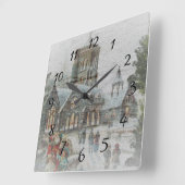 Horloge Carrée Père Noël ancienne avec enfants devant une église (Angle)
