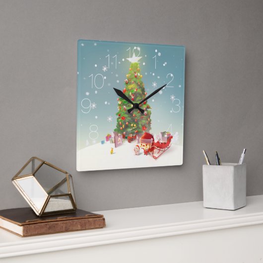 Horloge Carrée Père Noël avec arbre de Noël (Bureau)