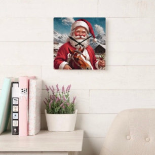 Horloge Carrée Père Noël des montagnes Rocheuses et son cheval