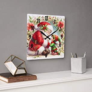 Horloge Carrée Père Noël et Elfe 6