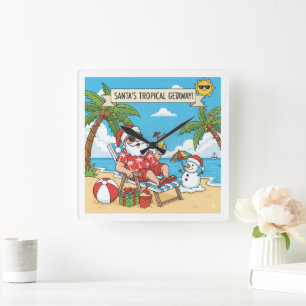 Horloge Carrée Père Noël et Snowman à la plage