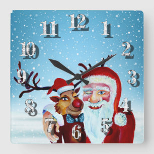 Horloge Carrée Père Noël magique aquarelle souriant Rudolph