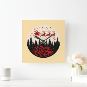 Horloge Carrée Père Noël Sleigh Joyeux Noël Forêt Scène Art