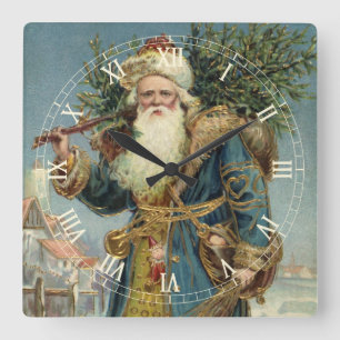 Horloge Carrée Père Noël victorien vintage avec sapin de Noël