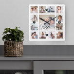 Horloge Carrée Père Script Famille Mémoire Grille Photo Collage<br><div class="desc">Un beau cadeau personnalisé pour votre père qu'il chérira pendant des années. Dispose d'une moderne treize matrices photo pour afficher 13 de vos propres souvenirs de photos de famille. "Père" conçu dans un style de script noir écrit à la main. Chaque photo est encadrée d'un simple cadre doré. Les coeurs...</div>