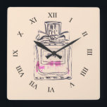 Horloge Carrée Perfume bottle fashion illustration pop art<br><div class="desc">A fashion stylish illustration clock from an original artwork by artist Sacha Grossel of a pink perfume vintage perfume bottle. This watercolour illustration of a luxury brand perfume is in pop art et the background colour is customisable.</div>