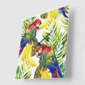 Horloge Carrée Perroquets et fruit tropical (Angle)