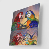 HORLOGE CARRÉE PERROQUETS HYPER ROUGES, ARAS BLEUS, REFLECTIONS C (Angle)