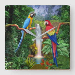 Horloge Carrée Perruches Tropicales Macaw