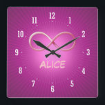 Horloge Carrée Personalizable Infinity Symbol on Pink Background<br><div class="desc">Science Rules !
 Infinity Symbol design - great for students,  mathematicians,  math/science-teachers,  professeurs,  researchers or for all you scientist types out there!</div>