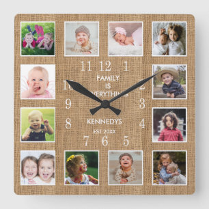 Horloge Carrée Personalized 12 Photo Collage Frame Rustic Burlap