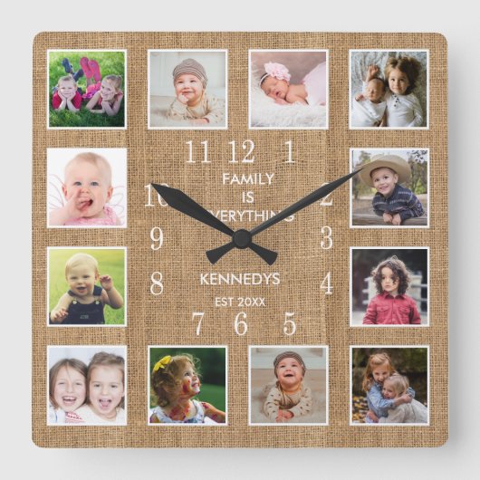Horloge Carrée Personalized 12 Photo Collage Frame Rustic Burlap (Recto)