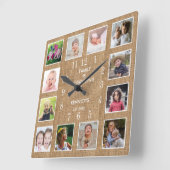 Horloge Carrée Personalized 12 Photo Collage Frame Rustic Burlap (Angle)