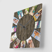 Horloge Carrée Personalized 12 Photo Collage Rustic Dark Wood (Angle)