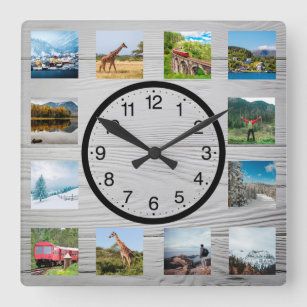 Horloge Carrée Personalized 12 Photo Collage Rustic Nature