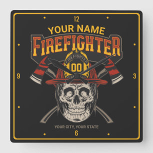 Horloge Carrée Personalized Fireman Skull Helmet Axe Firefighter 