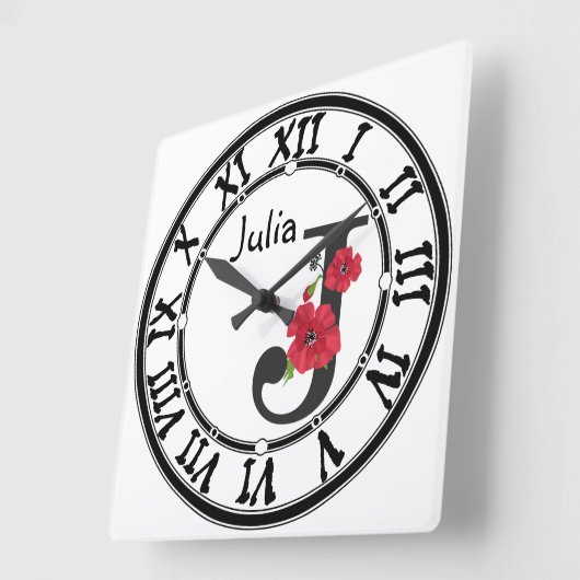 Horloge Carrée Personalized monogram editable J text red flower (Angle)