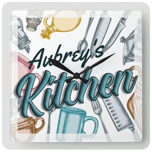 Horloge Carrée Personalized NAME Stylish Gourmet Kitchen Utensils