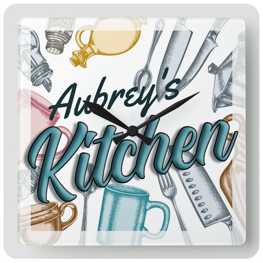 Horloge Carrée Personalized NAME Stylish Gourmet Kitchen Utensils
