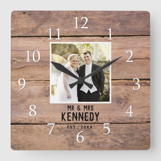 Horloge Carrée Personalized Wedding Photo Anniversary Rustic Wood (Recto)