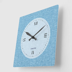 Horloge Carrée personnalisable Bleu clair Faux Lin Imprimer
