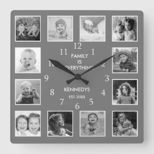Horloge Carrée Personnalisé 12 noir et blanc Collage photo Gris