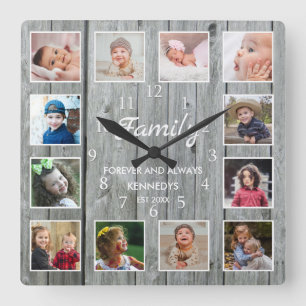 Horloge Carrée Personnalisé 12 Photo Collage Famille Forever Grey