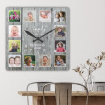 Horloge Carrée Personnalisé 12 Photo Collage Nom de famille Wood<br><div class="desc">Créez votre propre horloge murale collage photo avec 12 de vos photos préférées. REMARQUE : Veuillez télécharger vos photos après les avoir recroisées à une taille carré. Cela vous aidera à éviter de couper la face dans les coins. L'horloge à cadre photo vous aide à chérir vos moments spéciaux et...</div>