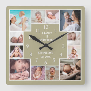 Horloge Carrée Personnalisé 12 Photo de famille Collage Citation 