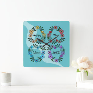 HORLOGE CARRÉE PERSONNALISÉ HAPPY NEW YEAR 20XX & FLEURS WREATHS