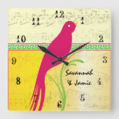 Horloge Carrée Personnalisé mignon oiseau jaune rose et vert (Recto)