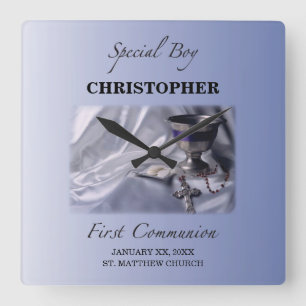 Horloge Carrée Personnaliser, Garçon, bleu première communion