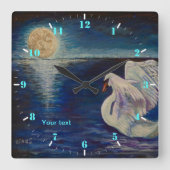 Horloge Carrée Personnaliser le cygne dans le lac à pleine lune (Recto)