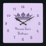 Horloge Carrée Personnalité de Purple Princesse Girl<br><div class="desc">Personnalized Purple Princess Girl's Menacom wall clock. Background color can be customized to white or other coordinating color of your choosing. click customize</div>