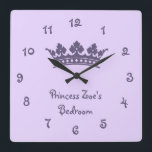 Horloge Carrée Personnalité de Purple Princesse Girl<br><div class="desc">Personnalized Purple Princess Girl's Menacom wall clock. Background color can be customized to white or other coordinating color of your choosing. click customize</div>