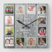 Horloge Carrée Personnalized 12 Photo Collage Rustic Gray Wood (Recto)