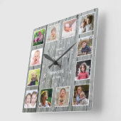 Horloge Carrée Personnalized 12 Photo Collage Rustic Gray Wood (Angle)