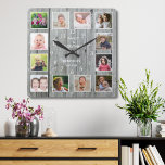 Horloge Carrée Personnalized 12 Photo Collage Rustic Gray Wood<br><div class="desc">Créez votre propre horloge murale collage photo avec 12 de vos photos préférées. REMARQUE : Veuillez télécharger vos photos après les avoir recroisées à une taille carré. Cela vous aidera à éviter de couper la face dans les coins. L'horloge à cadre photo vous aide à chérir vos moments spéciaux et...</div>
