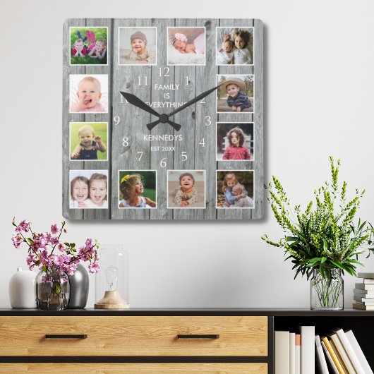 Horloge Carrée Personnalized 12 Photo Collage Rustic Gray Wood