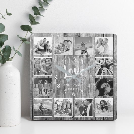 Horloge Carrée Personnalized 12 Photo Collage Rustic Gray Wood