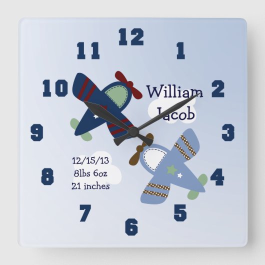 Horloge Carrée Personnalized Adorable Airplanes Nursery Clock (Recto)
