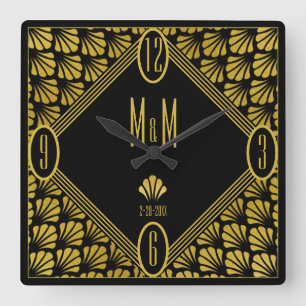 Horloge Carrée Personnalized art Deco Fan Pattern Couple Monogram