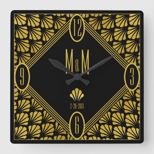 Horloge Carrée Personnalized art Deco Fan Pattern Couple Monogram (Recto)