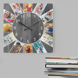 Horloge Carrée Personnalized Family Photo Collage Grey Wood<br><div class="desc">Personalized square photo clock with your own favorite. The photo template is set up ready for you to add 12 of your pictures working clockwise from the top. This grey wood design has white numbers and look great with contemporain or country decor. For this design, square instagram or portraits photographiques...</div>
