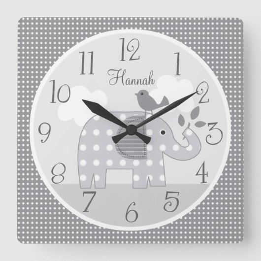 Horloge Carrée Personnalized Gray Dot Elephant Nursery Baby Clock (Recto)