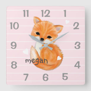Horloge Carrée Personnalized Pink Fox Nursery