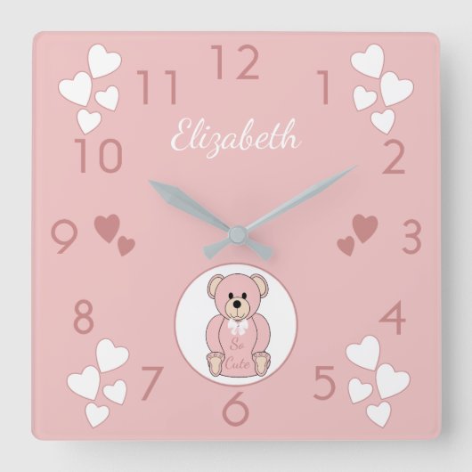 Horloge Carrée Personnalized Pink Teddy Bear baby (Recto)