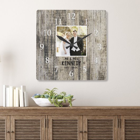 Horloge Carrée Personnalized Wedding Photo Anniversary Rustic Woo
