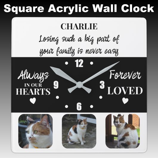 Horloge Carrée Perte d'animal de chat Keepsaké Memorial noir